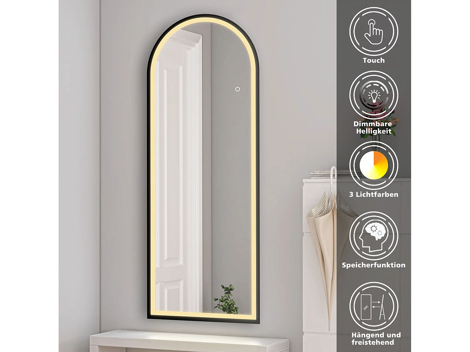 AICA LED Bogen Standspiegel 160x60cm 3 Lichfarbe dimmbar2 in 1 Ganzkörperspiegel mit Schwarz Rahmen