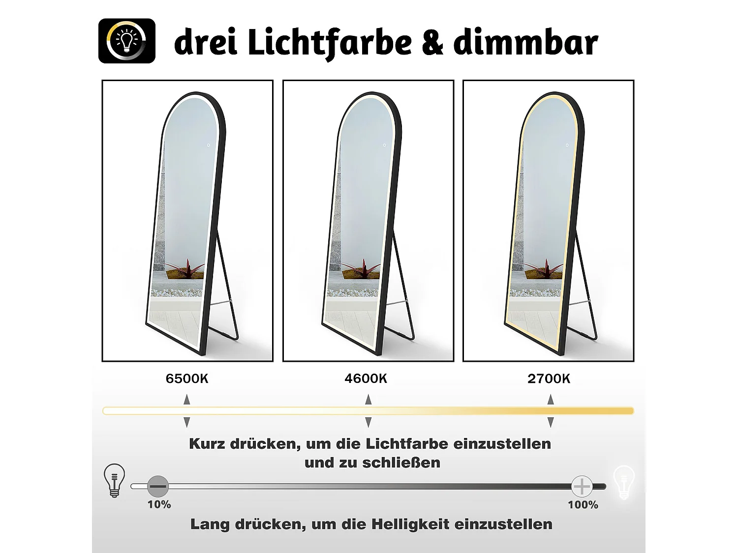 AICA LED Bogen Standspiegel 160x60cm 3 Lichfarbe dimmbar2 in 1 Ganzkörperspiegel mit Schwarz Rahmen