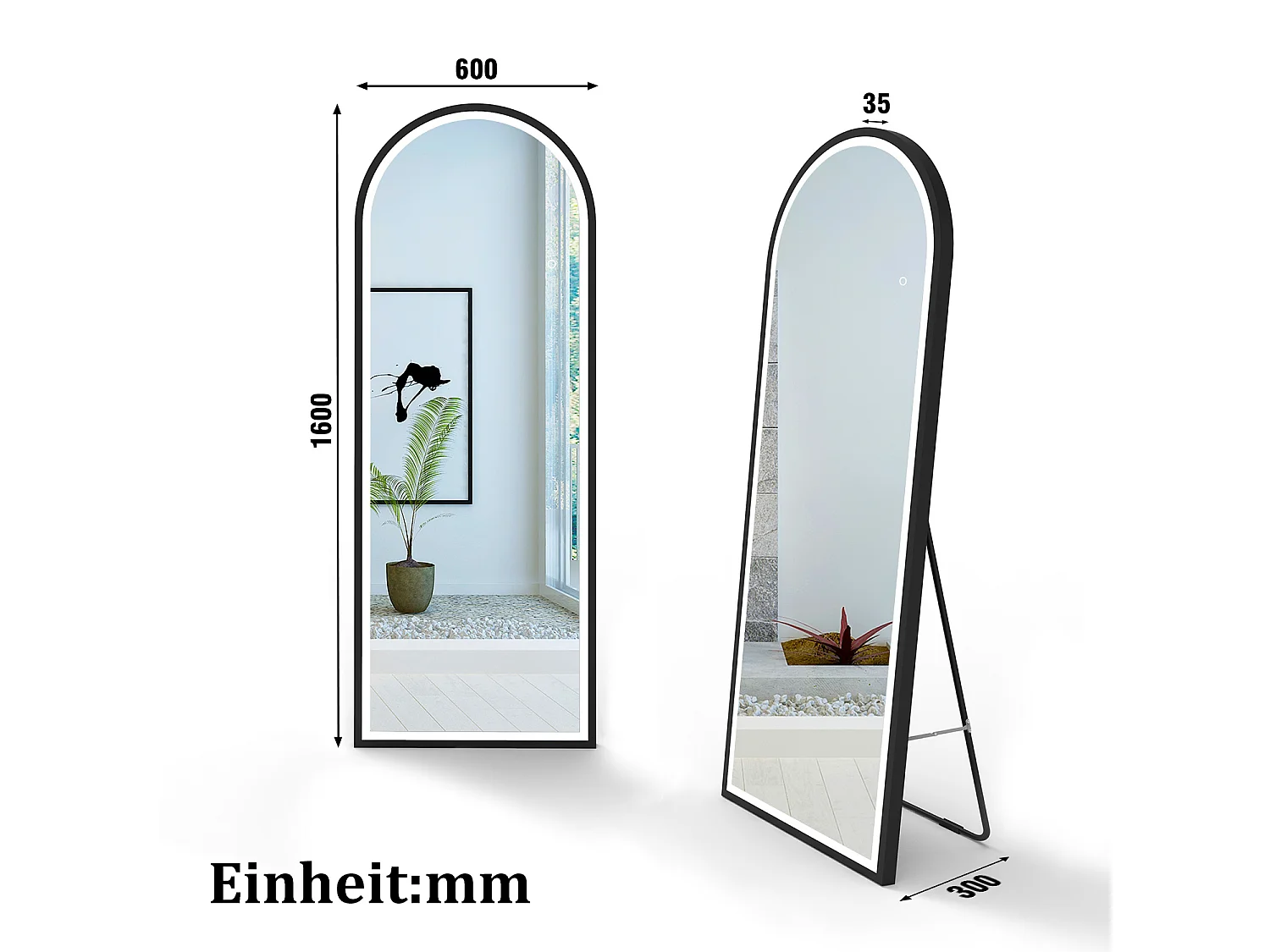 AICA LED Bogen Standspiegel 160x60cm 3 Lichfarbe dimmbar2 in 1 Ganzkörperspiegel mit Schwarz Rahmen