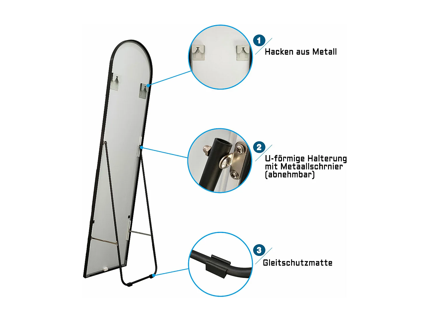 AICA Bogen Standspiegel 163x54cm 2 in 1 Ganzkörperspiegel mit Schwarz Rahmen