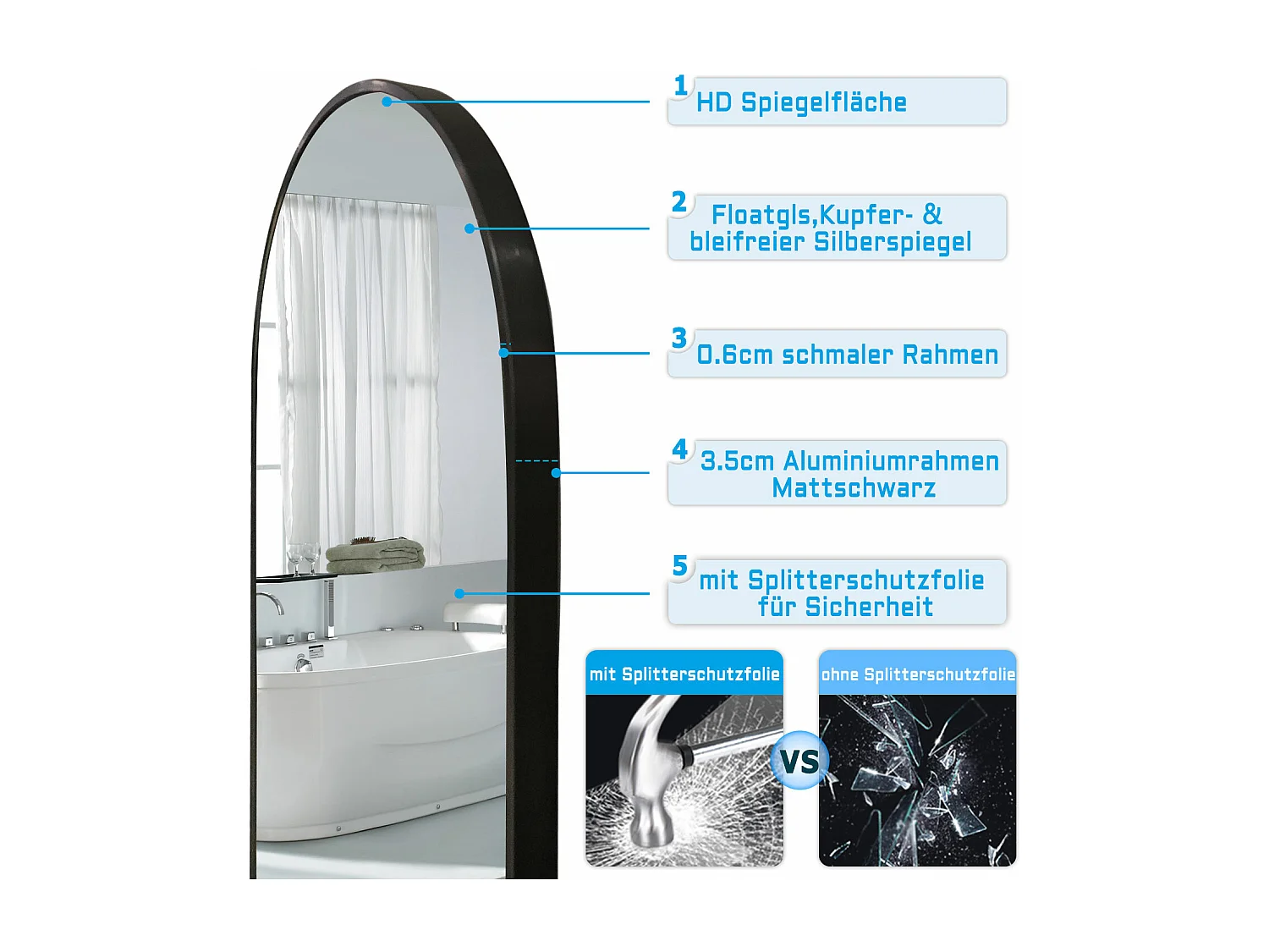 AICA Bogen Standspiegel 163x54cm 2 in 1 Ganzkörperspiegel mit Schwarz Rahmen