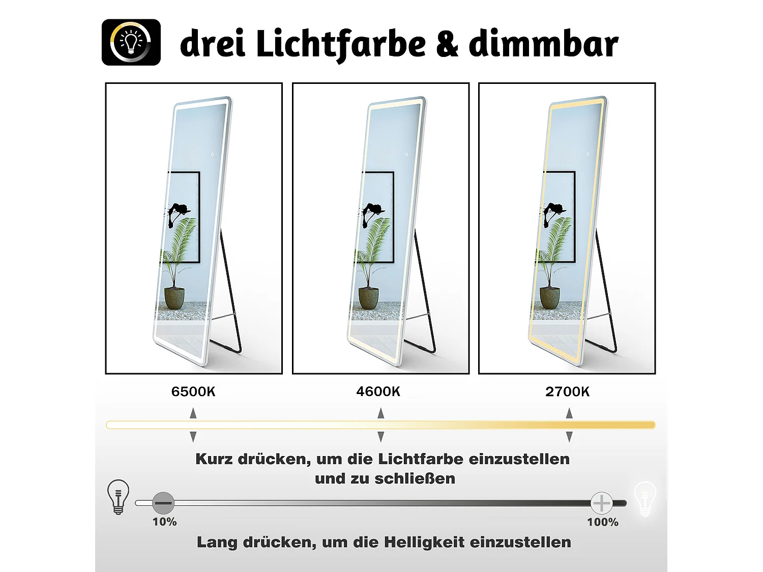 AICA LED Standspiegel 150x40cm 3 Lichfarbe dimmbar2 in 1 Ganzkörperspiegel
