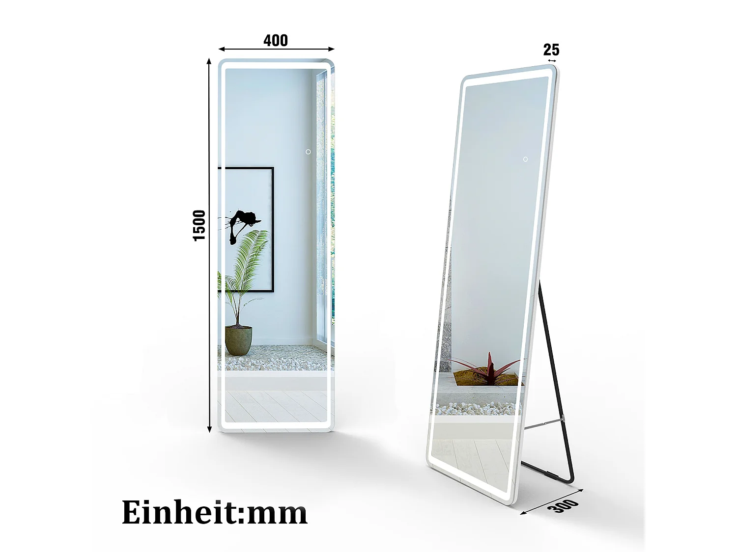 AICA LED Standspiegel 150x40cm 3 Lichfarbe dimmbar2 in 1 Ganzkörperspiegel