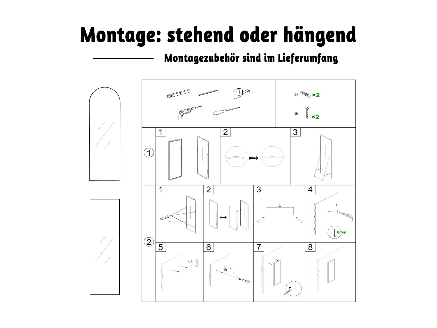 AICA LED Standspiegel 150x40cm 3 Lichfarbe dimmbar2 in 1 Ganzkörperspiegel