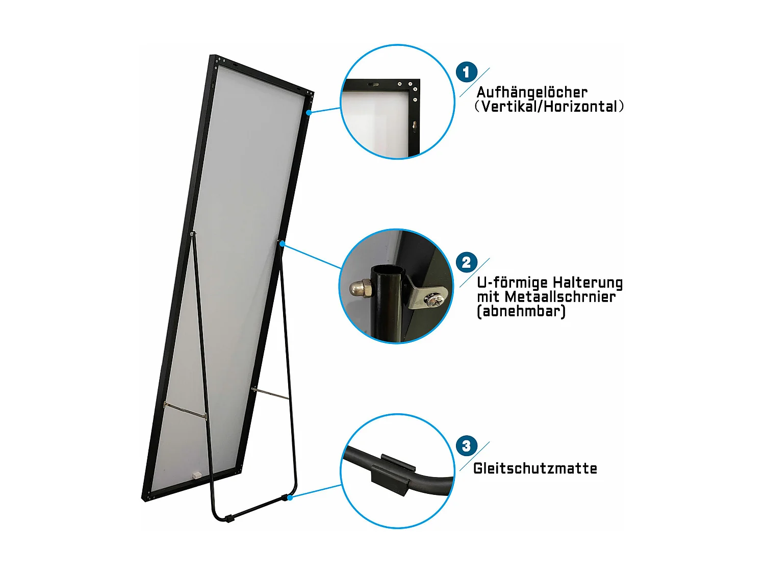 AICA Standspiegel 140x40cm 2 in 1 Ganzkörperspiegel mit Schwarz Rahmen