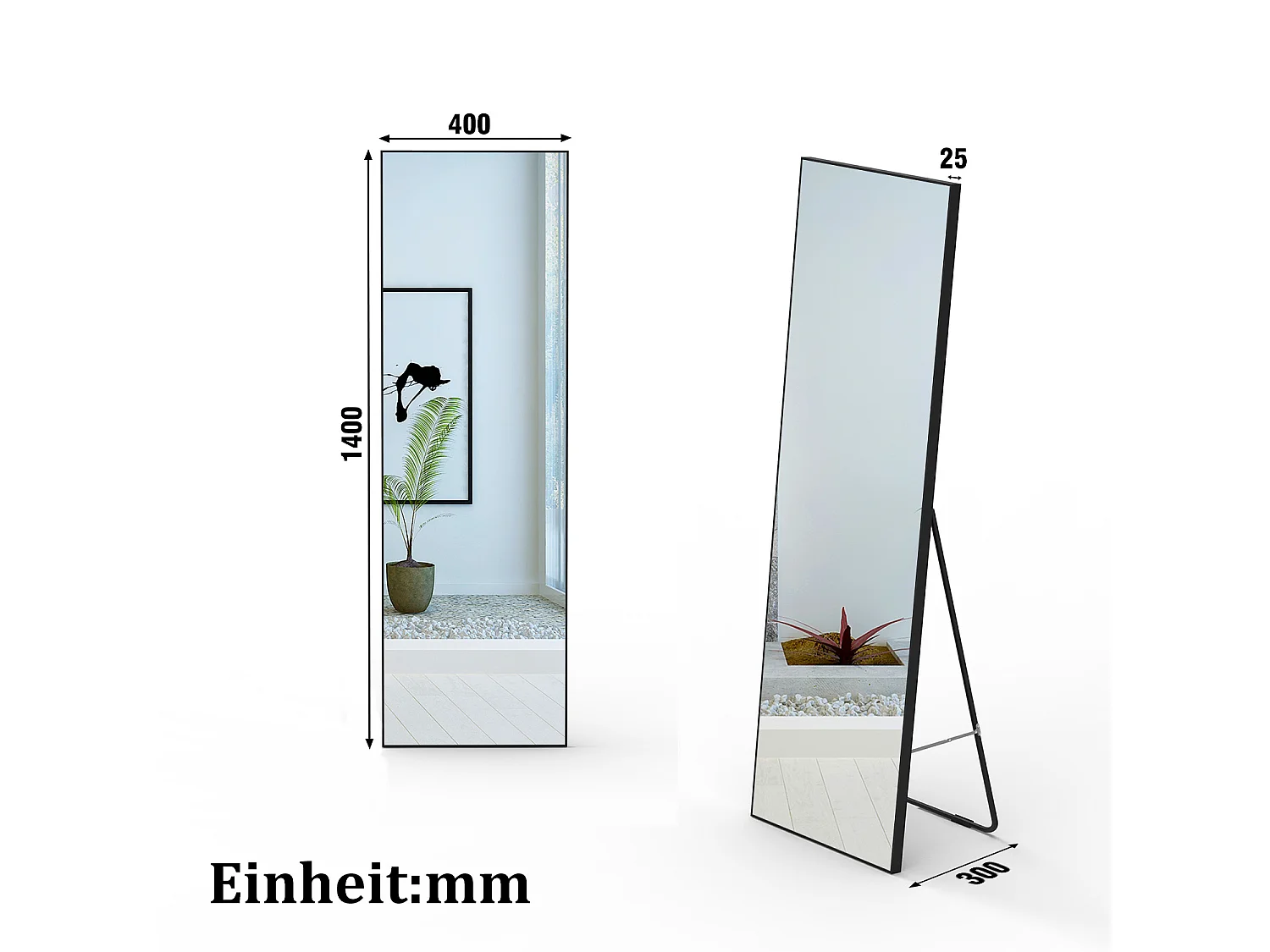 AICA Standspiegel 140x40cm 2 in 1 Ganzkörperspiegel mit Schwarz Rahmen