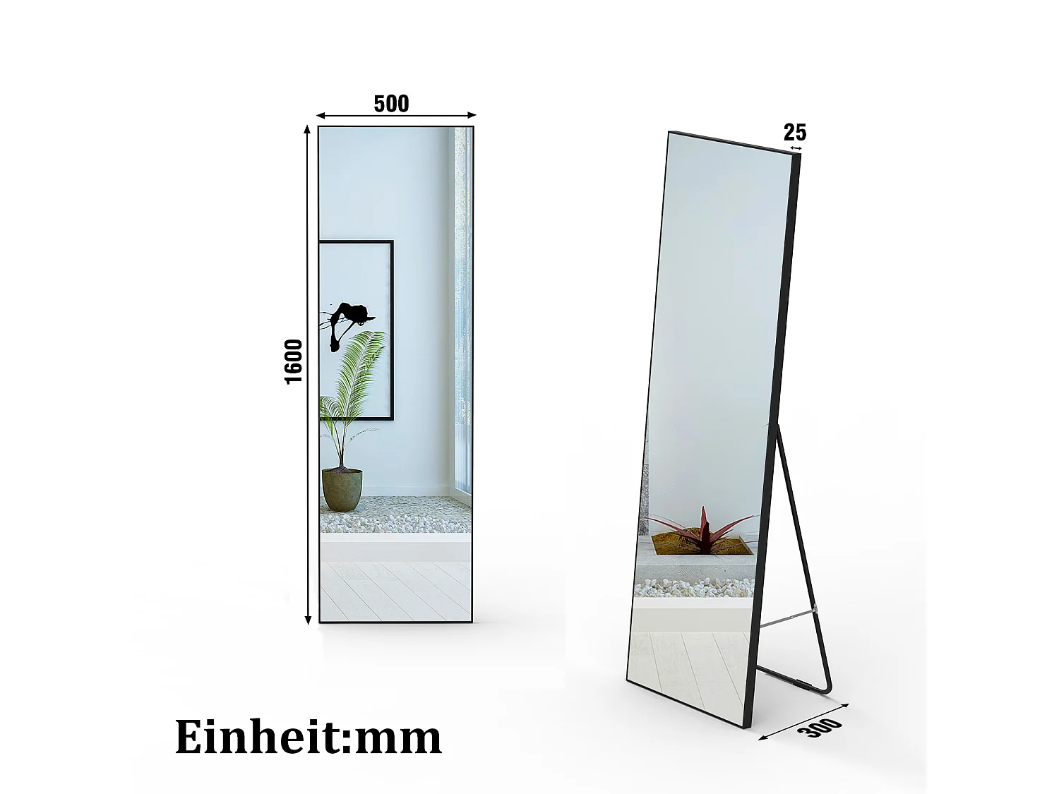 AICA Standspiegel 160x50cm 2 in 1 Ganzkörperspiegel mit Schwarz Rahmen