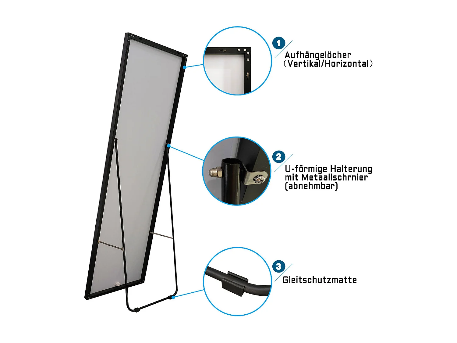 AICA Standspiegel 160x50cm 2 in 1 Ganzkörperspiegel mit Schwarz Rahmen