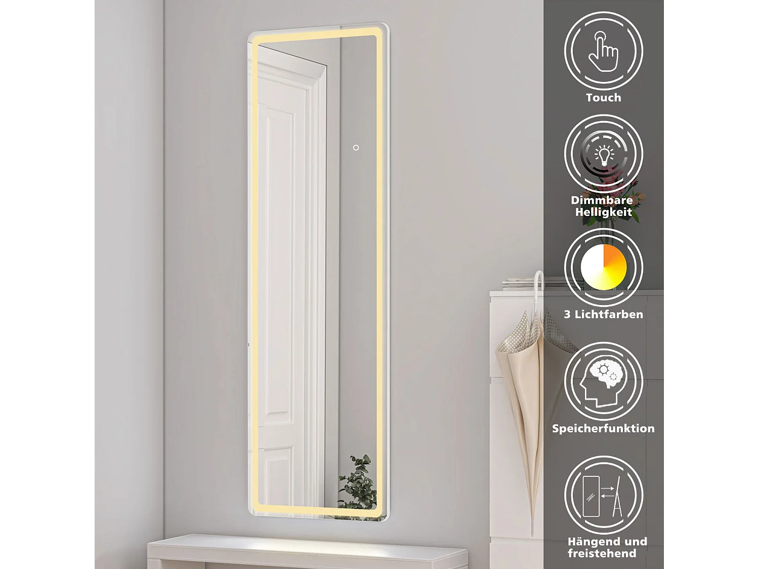 AICA LED Standspiegel 160x50cm 3 Lichfarbe dimmbar2 in 1 Ganzkörperspiegel