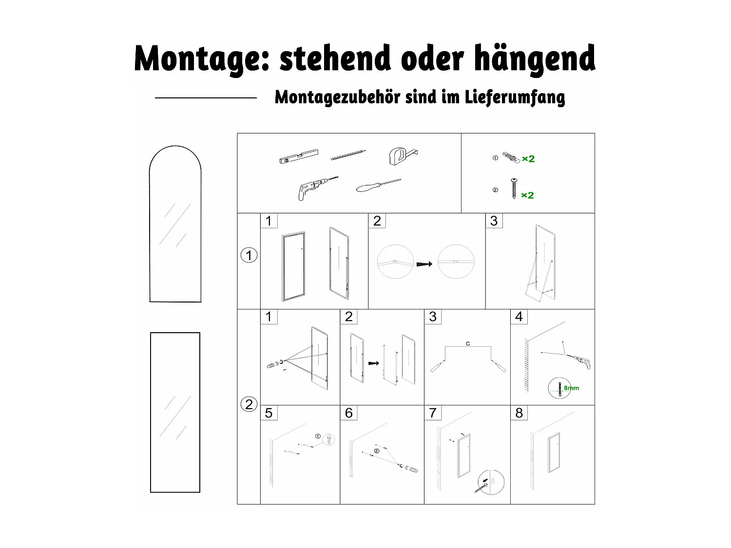 AICA LED Standspiegel 160x50cm 3 Lichfarbe dimmbar2 in 1 Ganzkörperspiegel