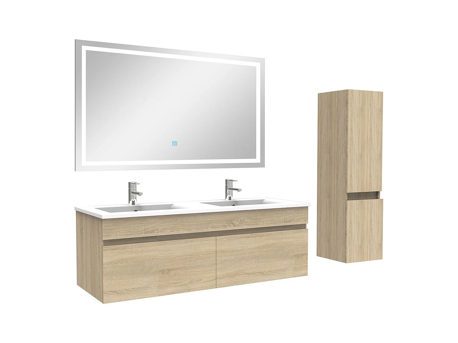 Ensemble meuble salle de Bain 120cm double vasque avec colonne + miroir 3 couleurs Chêne Wotan