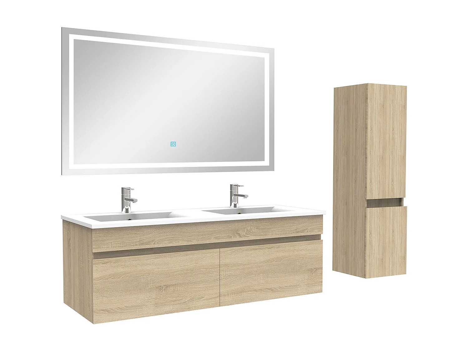 Ensemble meuble salle de Bain 120cm double vasque avec colonne + miroir 3 couleurs Chêne Wotan