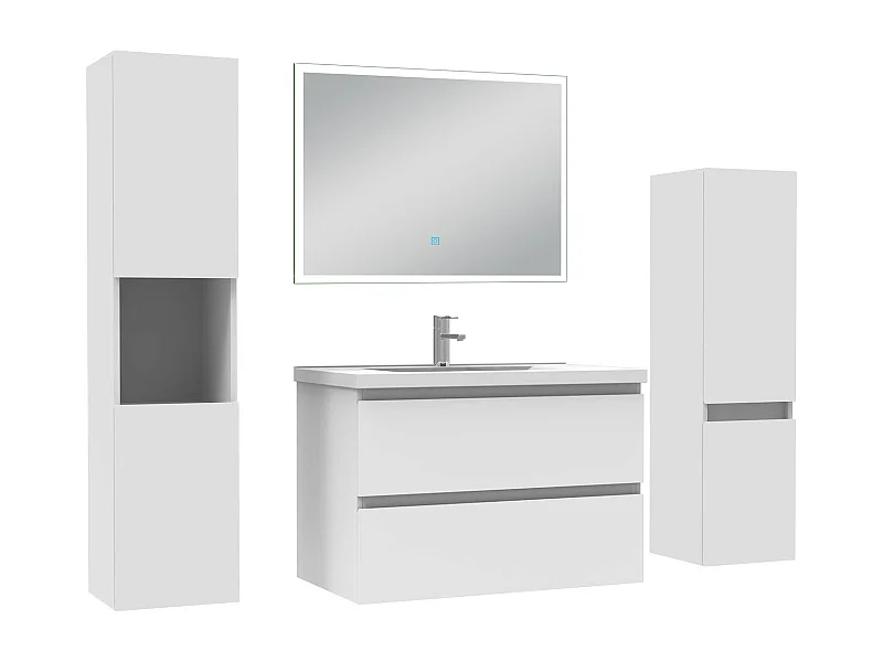 Ensemble meuble Salle de Bain 80cm simple vasque avec colonne et miroir lumineux dimmable blanc