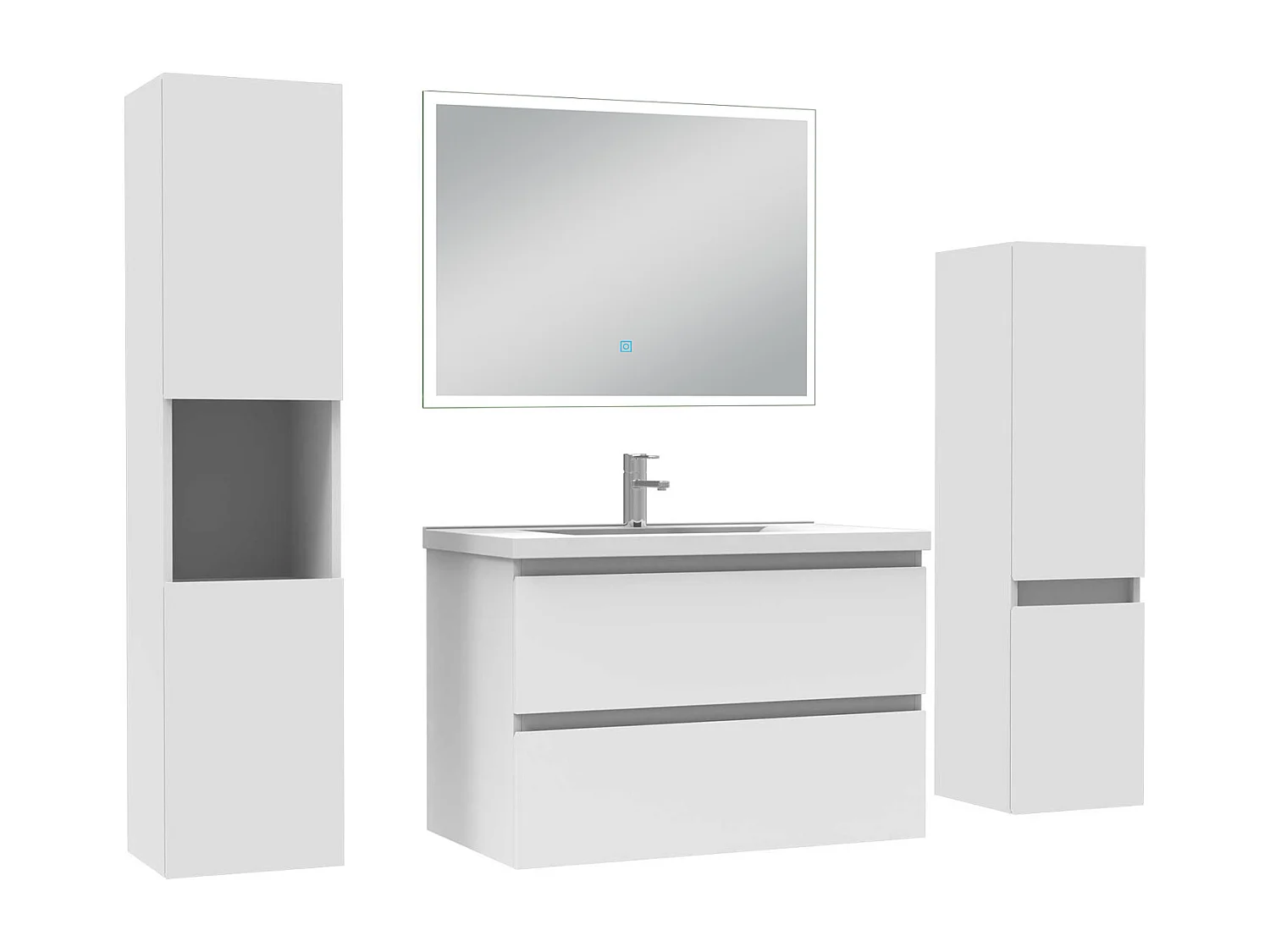 Ensemble meuble Salle de Bain 80cm simple vasque avec colonne et miroir lumineux dimmable blanc