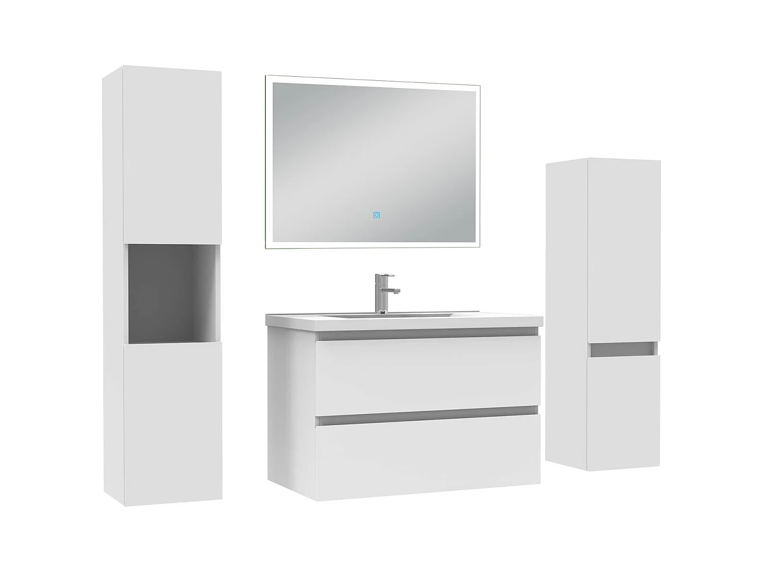 Ensemble meuble Salle de Bain 80cm simple vasque avec colonne et miroir lumineux dimmable blanc
