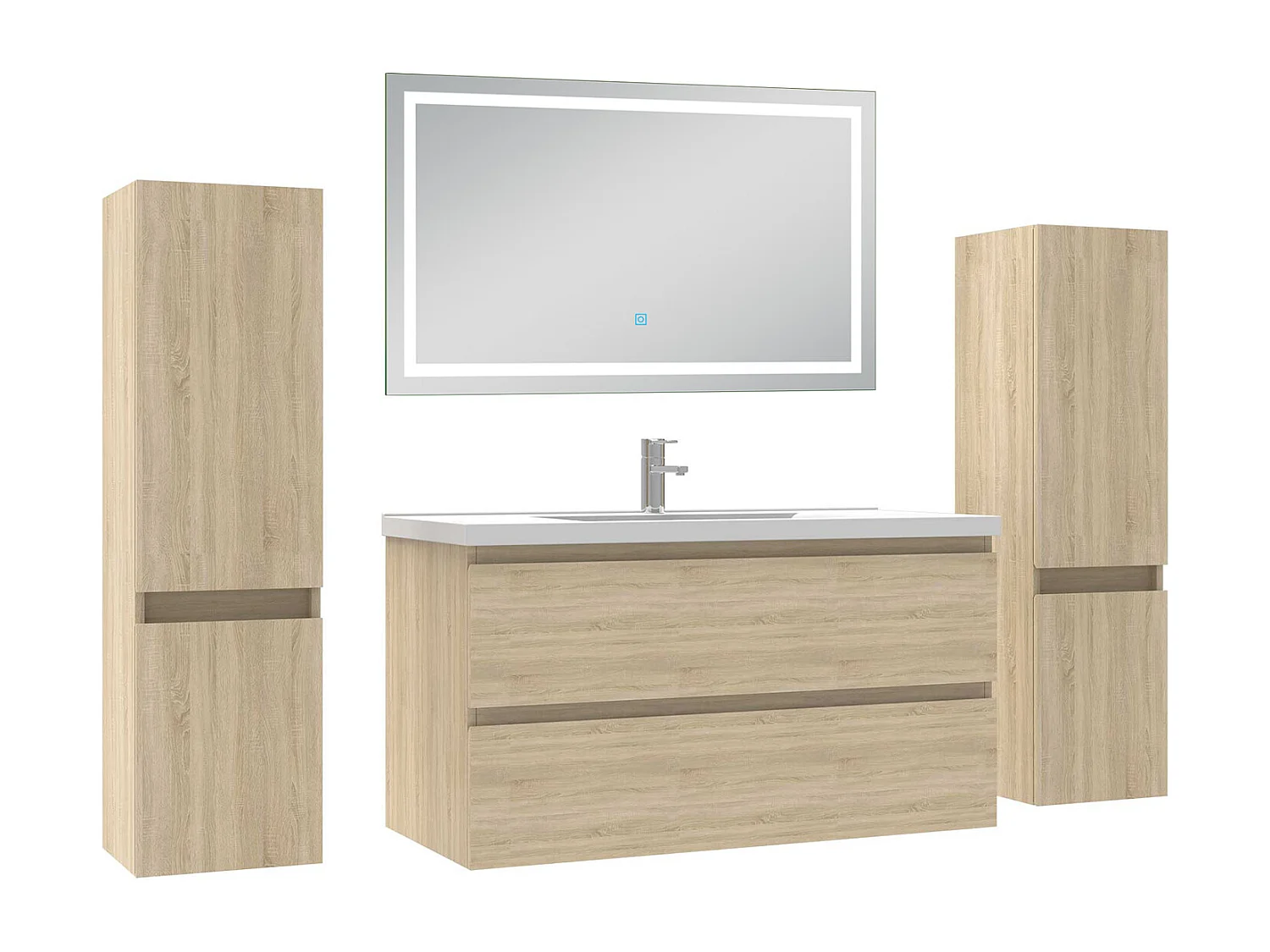 Ensemble meubles Salle de Bain 100cm avec colonne et miroir lumineux 3 couleurs Chêne Wotan