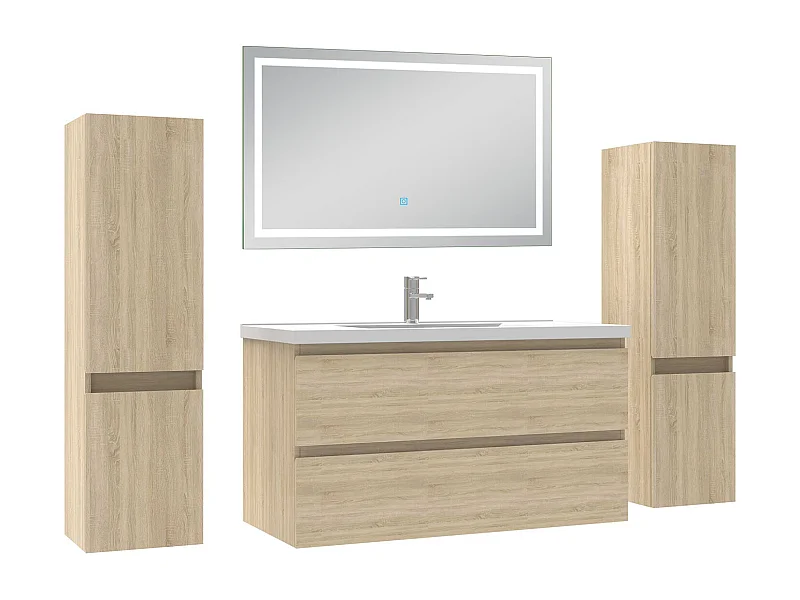 Ensemble meubles Salle de Bain 100cm avec colonne et miroir lumineux 3 couleurs Chêne Wotan