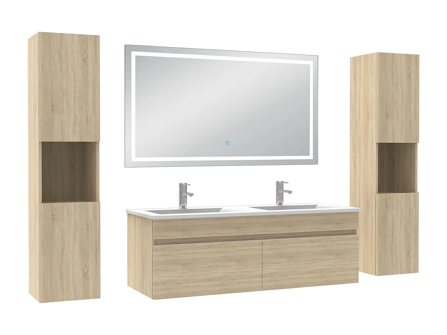 Ensemble meubles Salle de Bain 120cm avec colonne + miroir lumineux 3 couleurs + dimmable Chêne Wotan