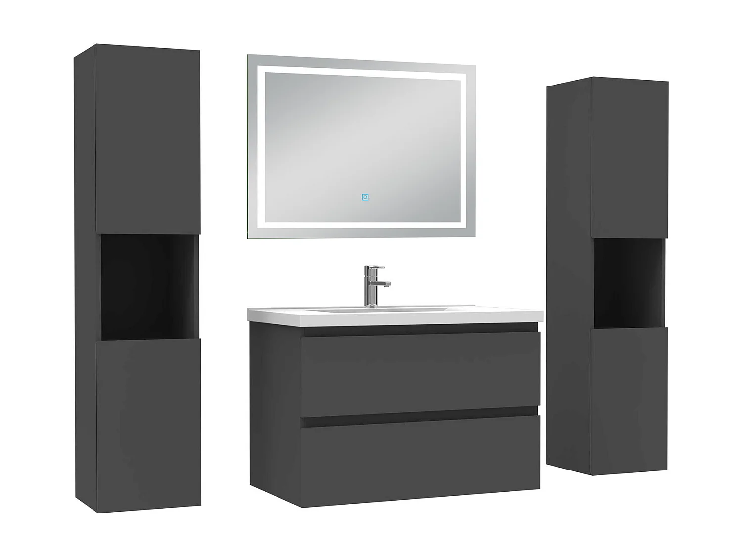 Ensemble meubles Salle de Bain 80cm avec colonne et miroir lumineux 3 couleurs et dimmable Anthracite