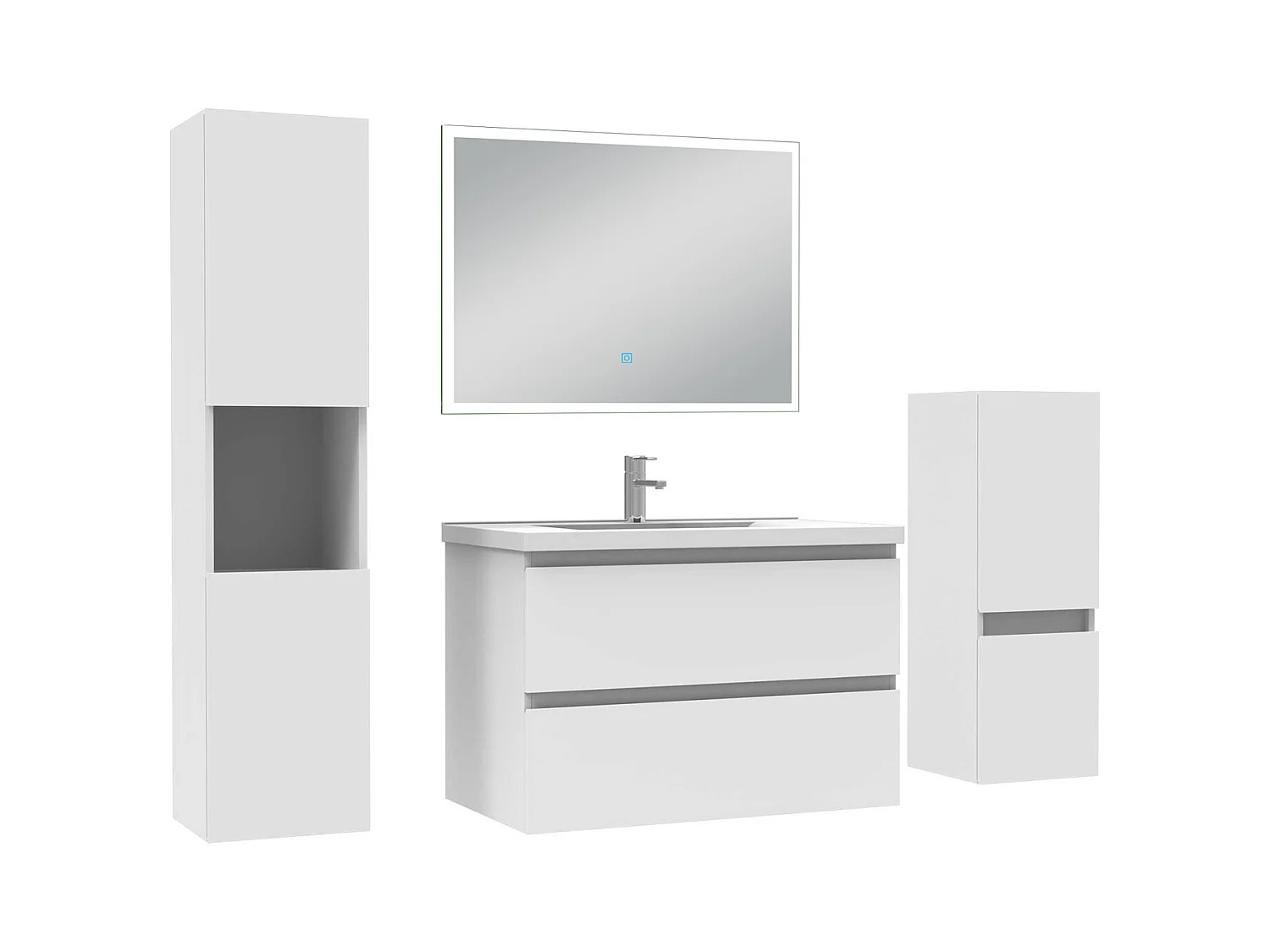 Ensemble meuble Salle de Bain 80cm avec simple vasque et colonne et miroir lumineux dimmable blanc