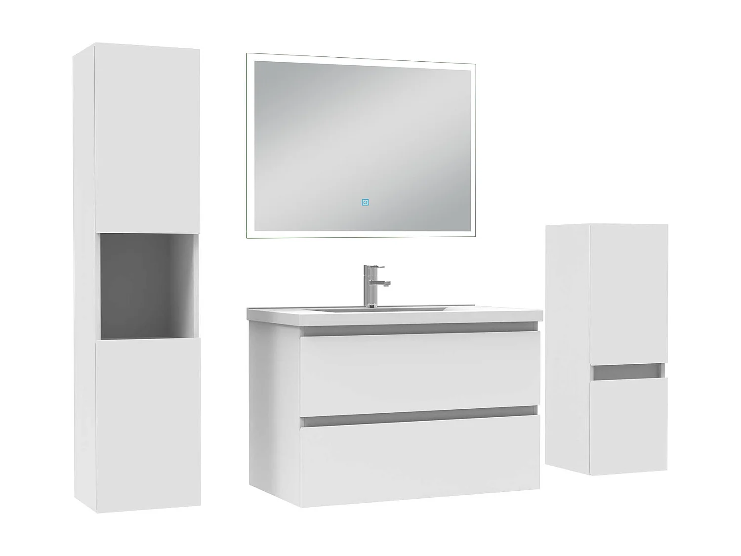 Ensemble meuble Salle de Bain 80cm avec simple vasque et colonne et miroir lumineux dimmable blanc