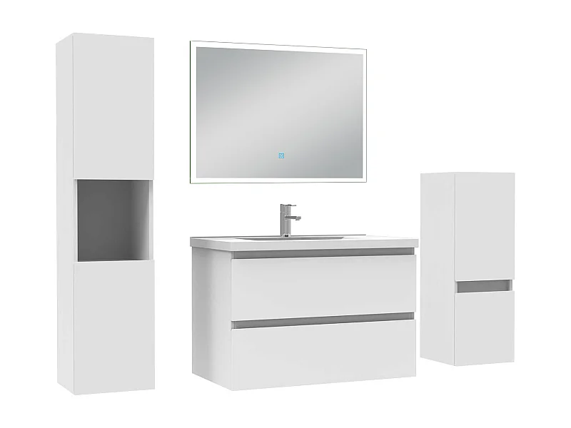 Ensemble meuble Salle de Bain 80cm avec simple vasque et colonne et miroir lumineux dimmable blanc