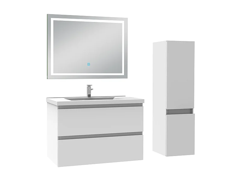 Ensemble meuble salle de Bain 80cm simple vasque avec colonne et miroir 3 couleurs blanc