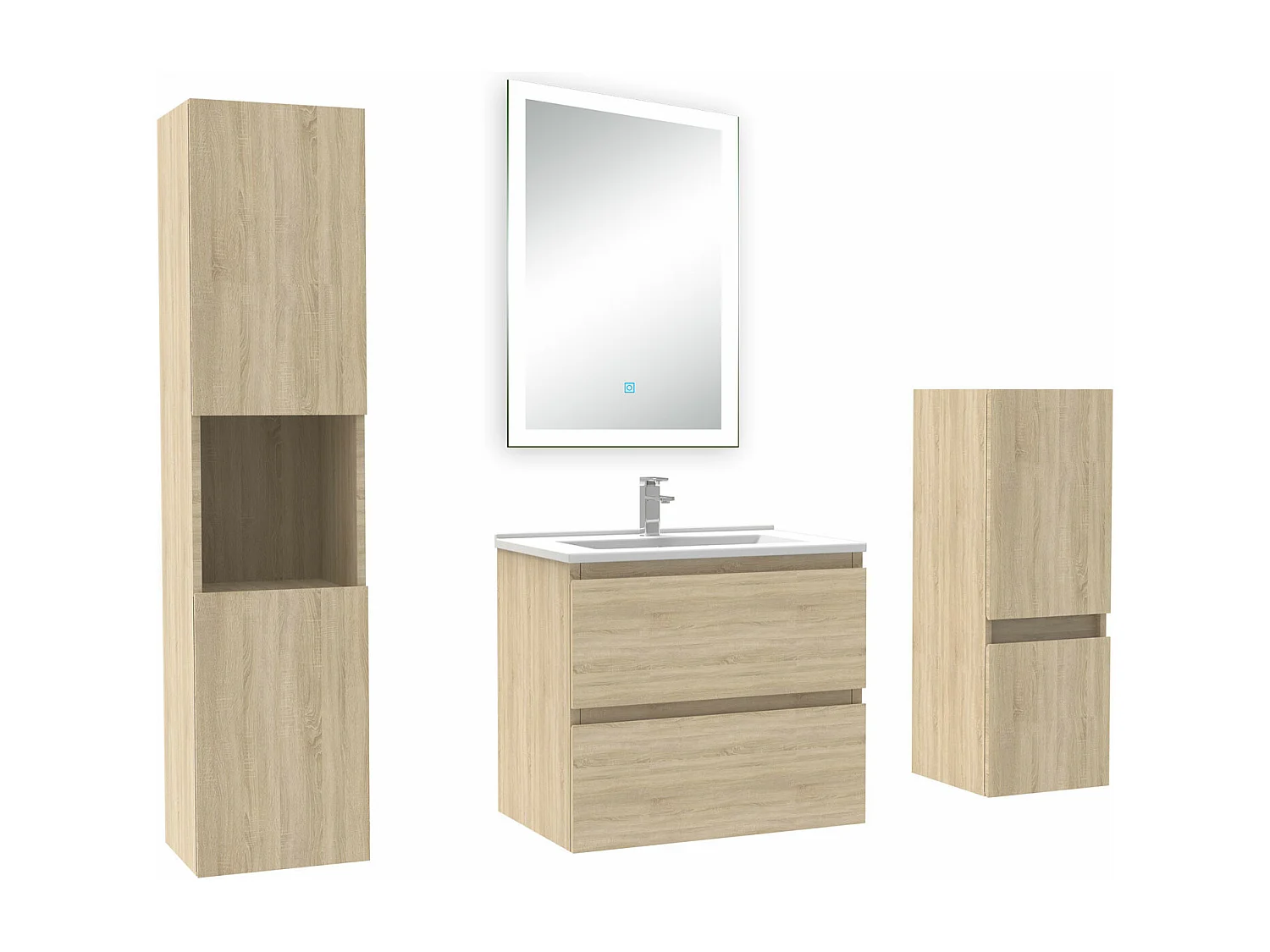 Ensemble meuble Salle de Bain 60cm avec simple vasque et colonne et miroir lumineux dimmable chêne wotan