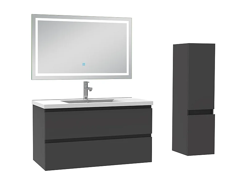 Ensemble meuble salle de Bain 100cm simple vasque avec colonne et miroir 3 couleurs Anthracite
