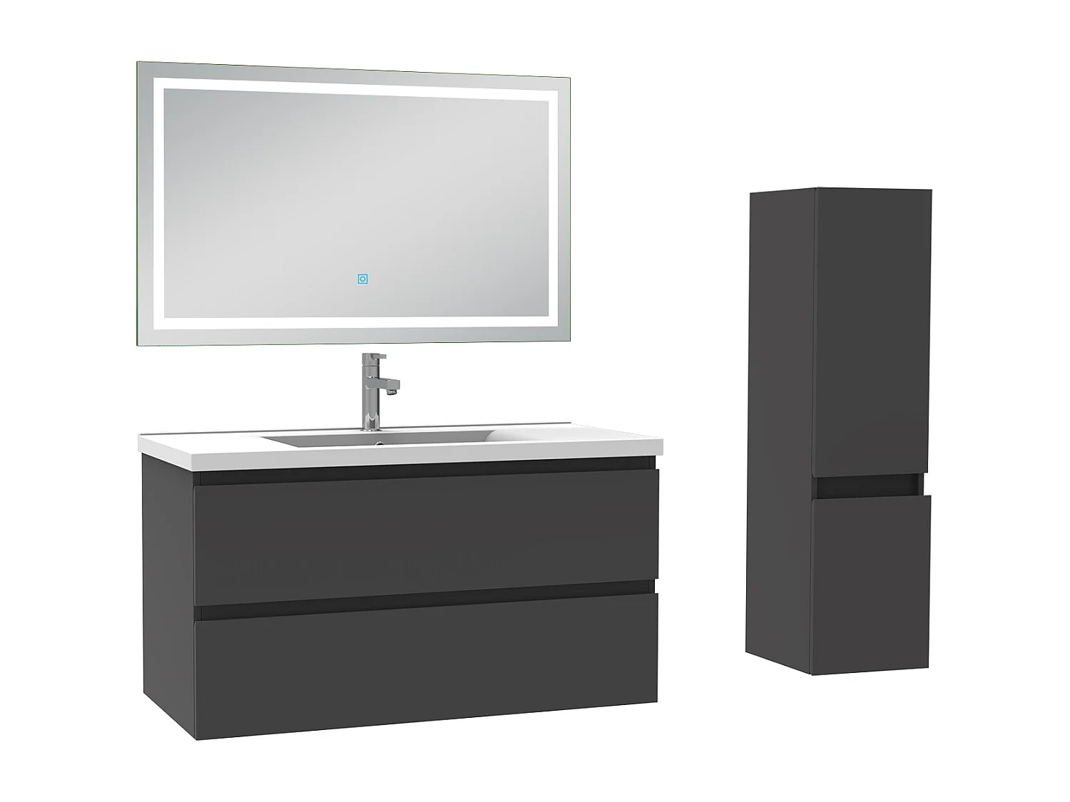 Ensemble meuble salle de Bain 100cm simple vasque avec colonne et miroir 3 couleurs Anthracite