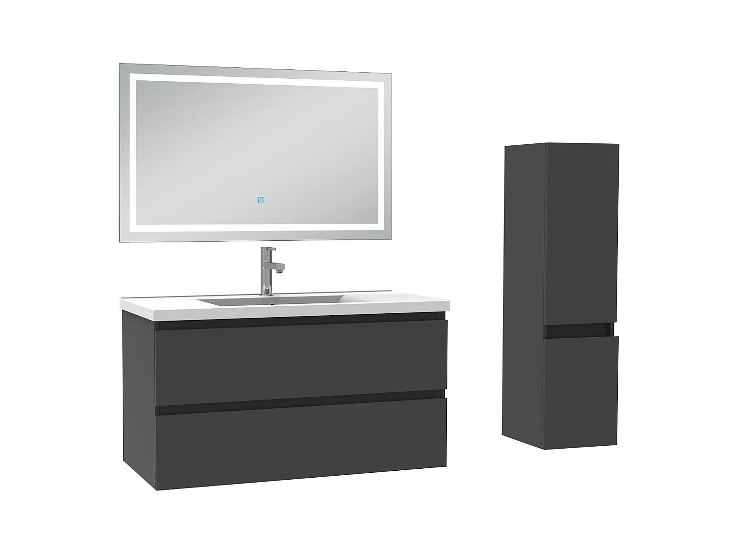Ensemble meuble salle de Bain 100cm simple vasque avec colonne et miroir 3 couleurs Anthracite