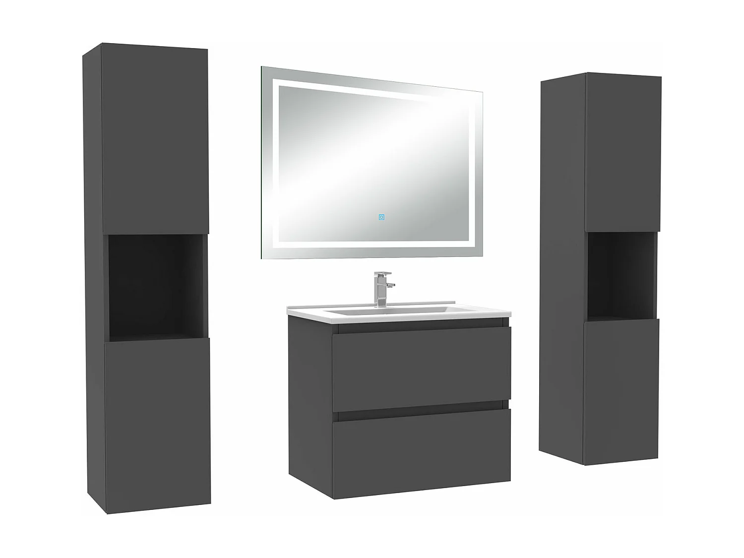 Ensemble meubles Salle de Bain 60cm avec colonne et miroir lumineux 3 couleurs et dimmable Anthracite