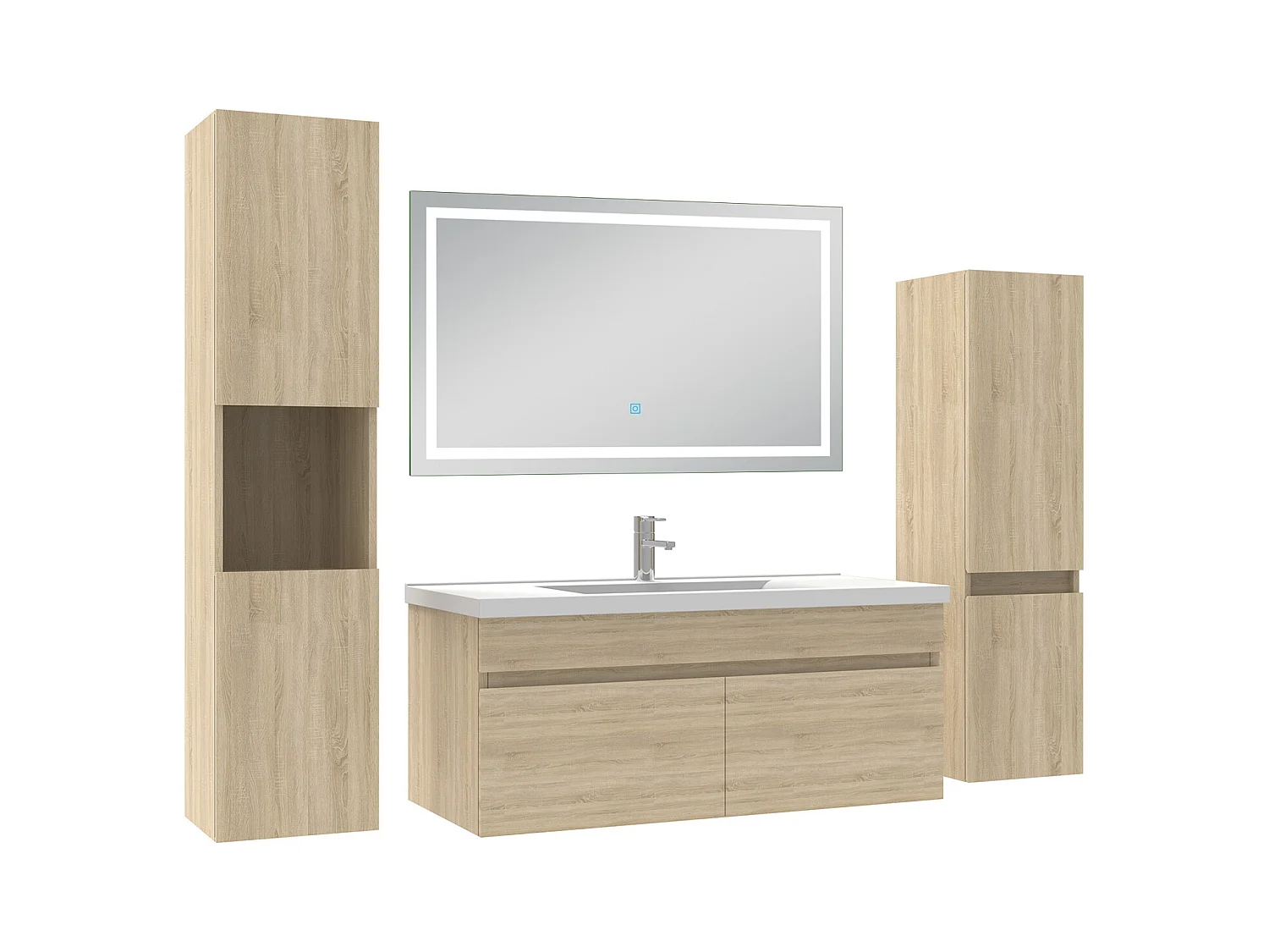 Ensemble meuble Salle de Bain 100cm avec colonne + miroir lumineux 3 couleurs Chêne Wotan