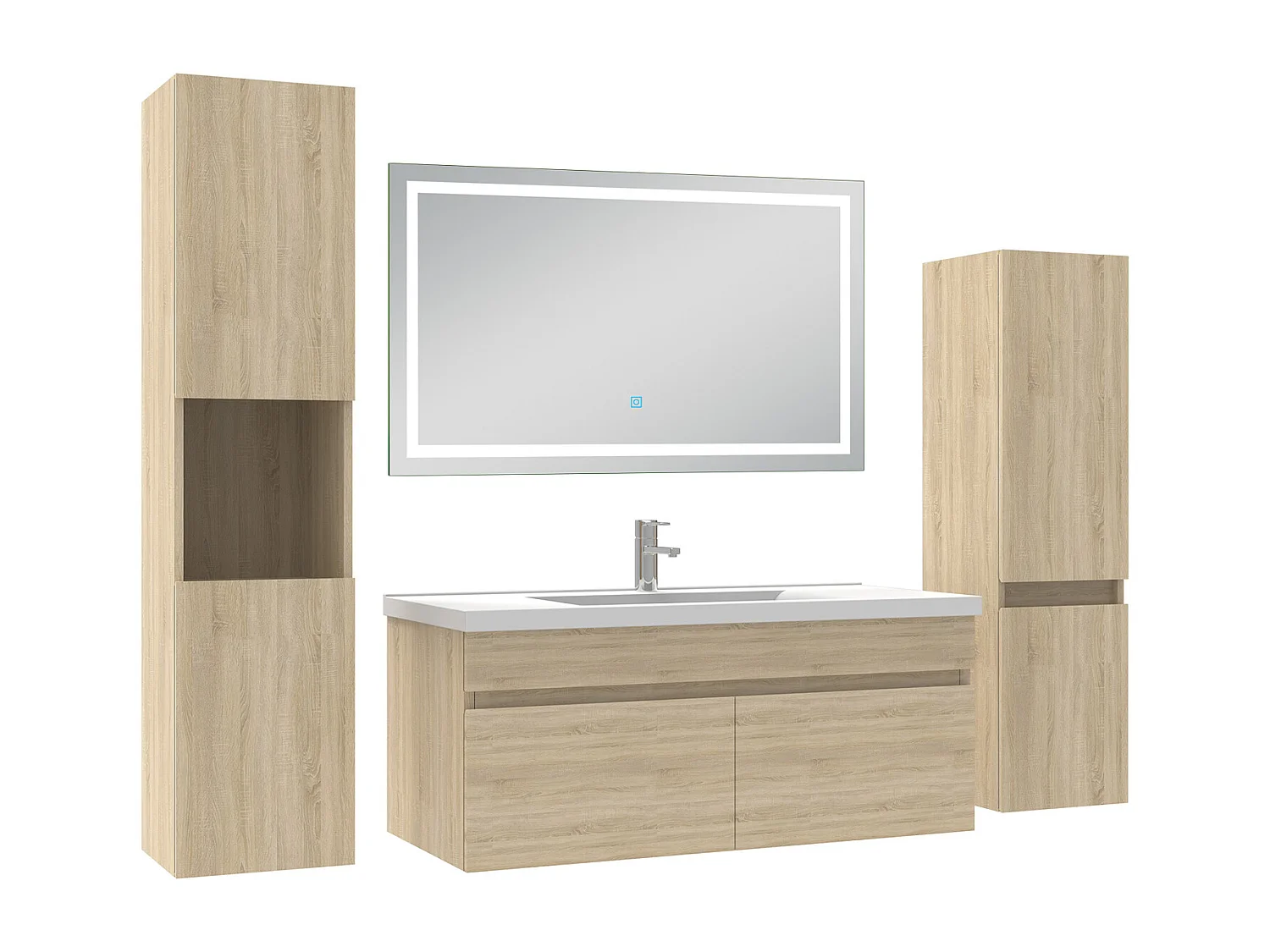 Ensemble meuble Salle de Bain 100cm avec colonne + miroir lumineux 3 couleurs Chêne Wotan