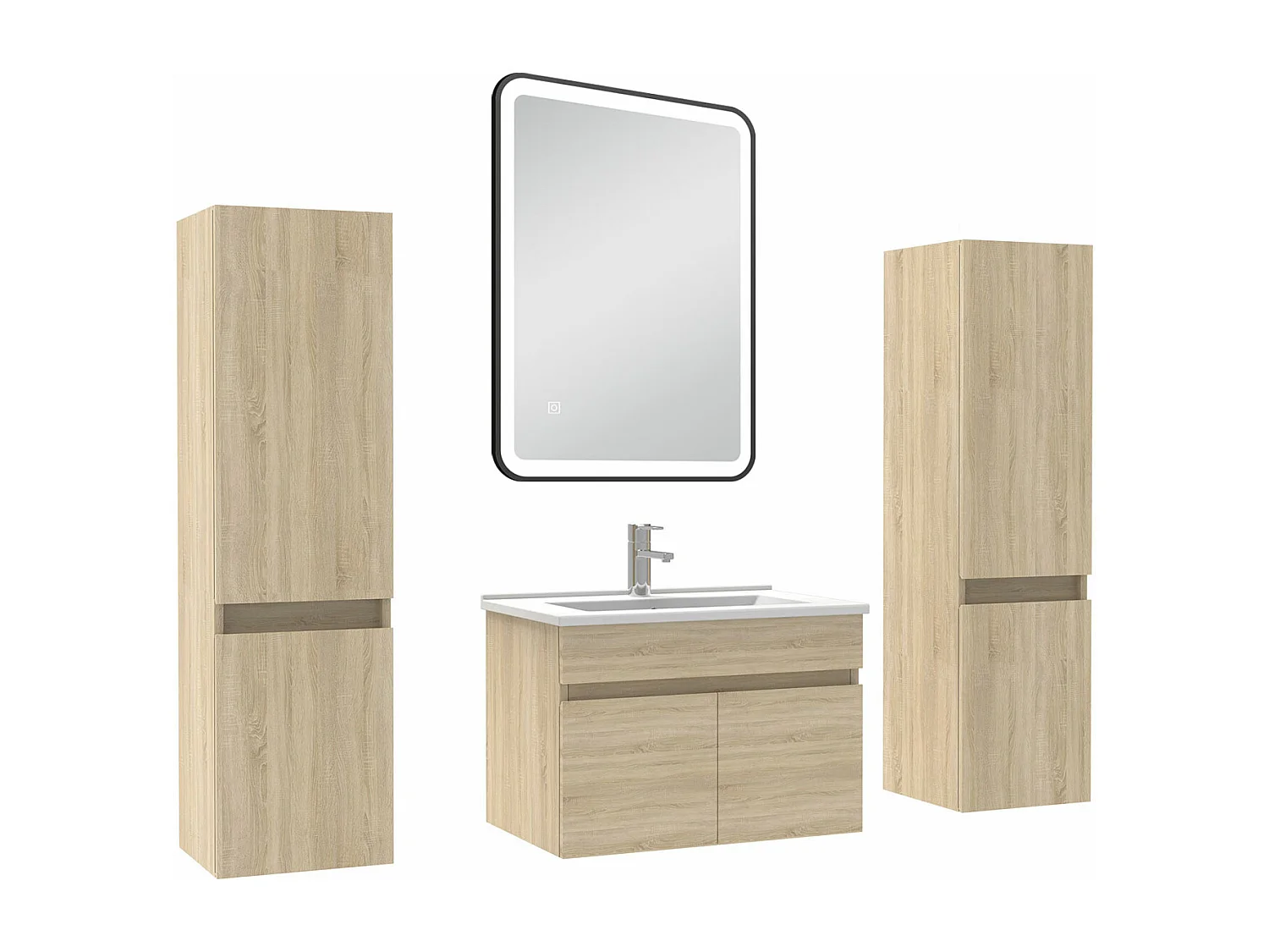 Meuble simple vasque chêne wotan 60cm avec colonne + miroir 3 couleurs + dimmable