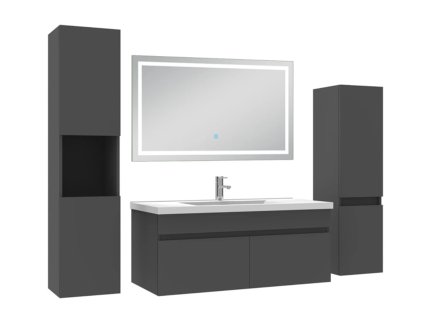 Ensemble meuble Salle de Bain 100cm avec colonne + miroir lumineux 3 couleurs Anthracite