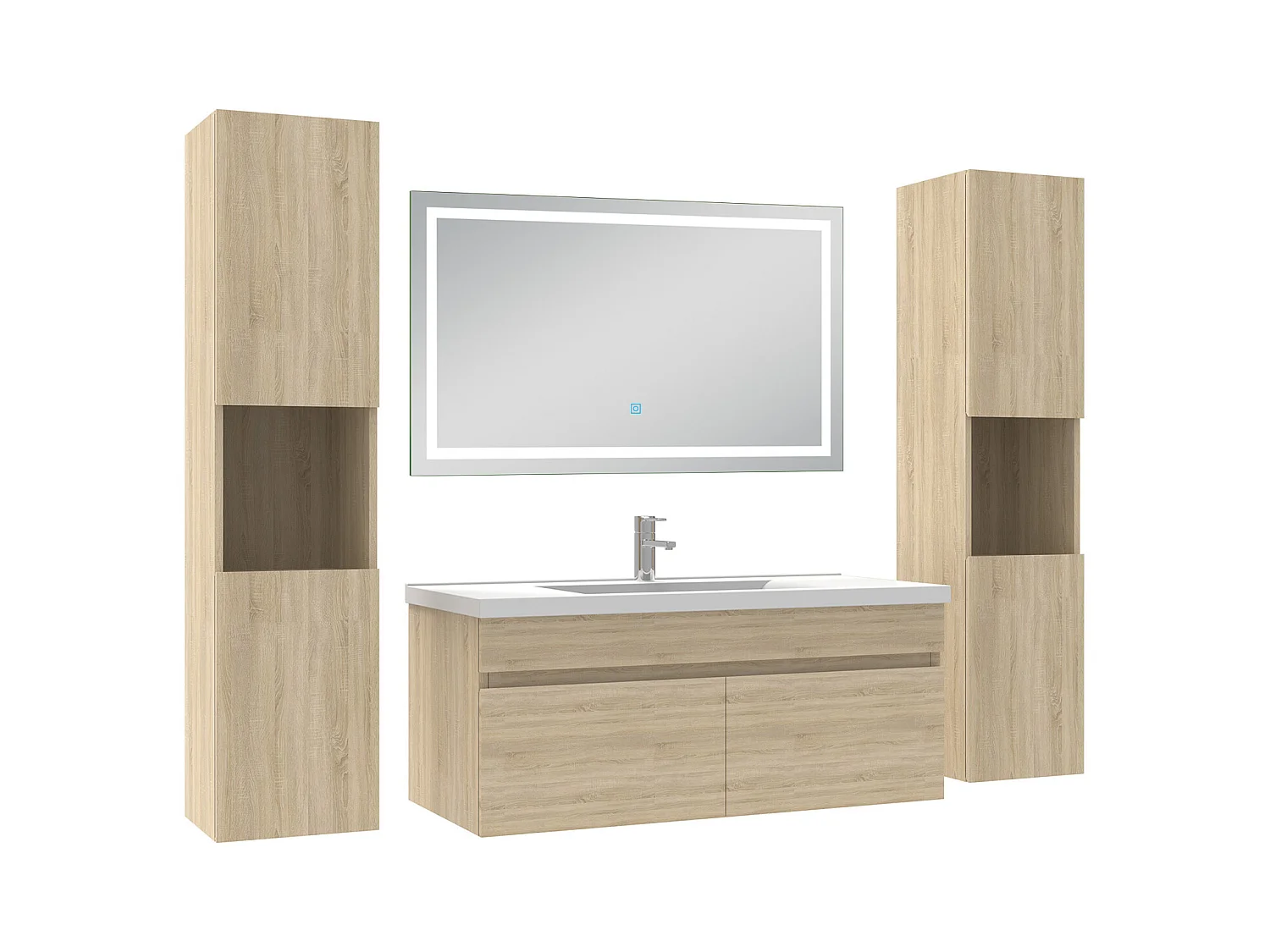 Ensemble meubles Salle de Bain 100cm avec colonne + miroir lumineux 3 couleurs + dimmable Chêne Wotan