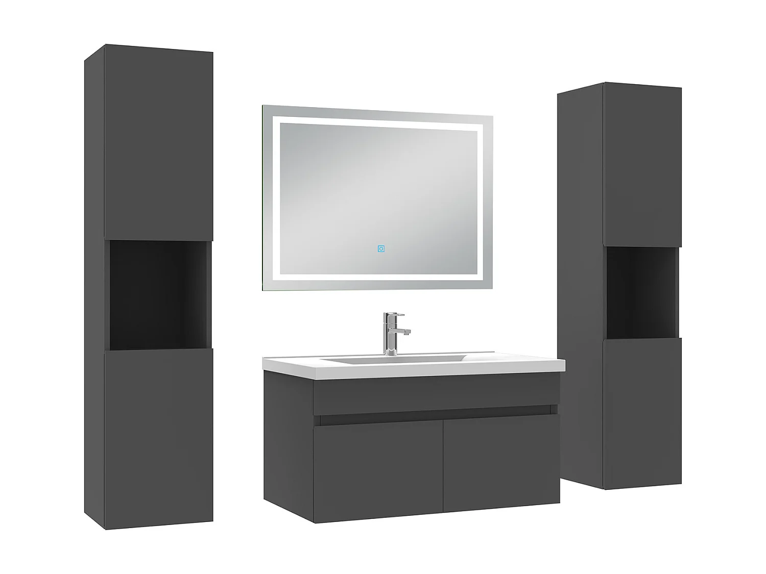 Ensemble meubles Salle de Bain 80cm avec colonne + miroir lumineux 3 couleurs + dimmable Anthracite