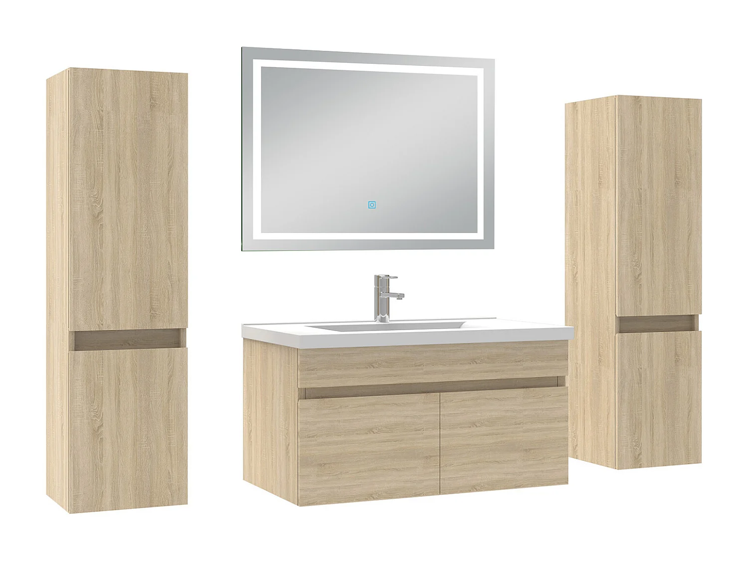 Ensemble meubles Salle de Bain 80cm avec colonne + miroir lumineux 3 couleurs Chêne Wotan