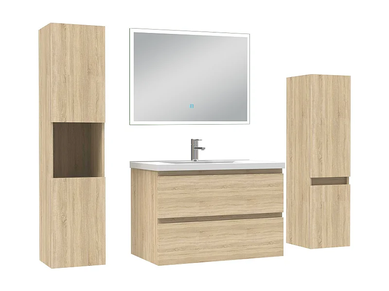 Ensemble meuble Salle de Bain 80cm simple vasque avec colonne et miroir lumineux dimmable chêne wotan