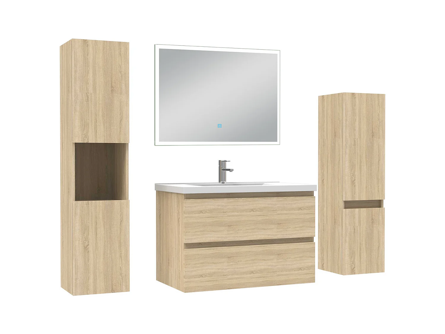 Ensemble meuble Salle de Bain 80cm simple vasque avec colonne et miroir lumineux dimmable chêne wotan