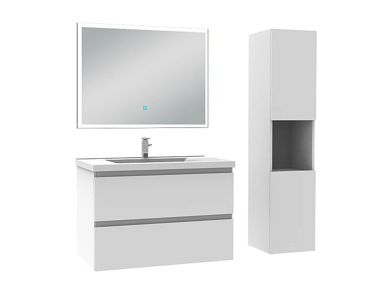 Ensemble meuble Salle de Bain 80cm avec vasque et colonne et miroir lumineux dimmable blanc