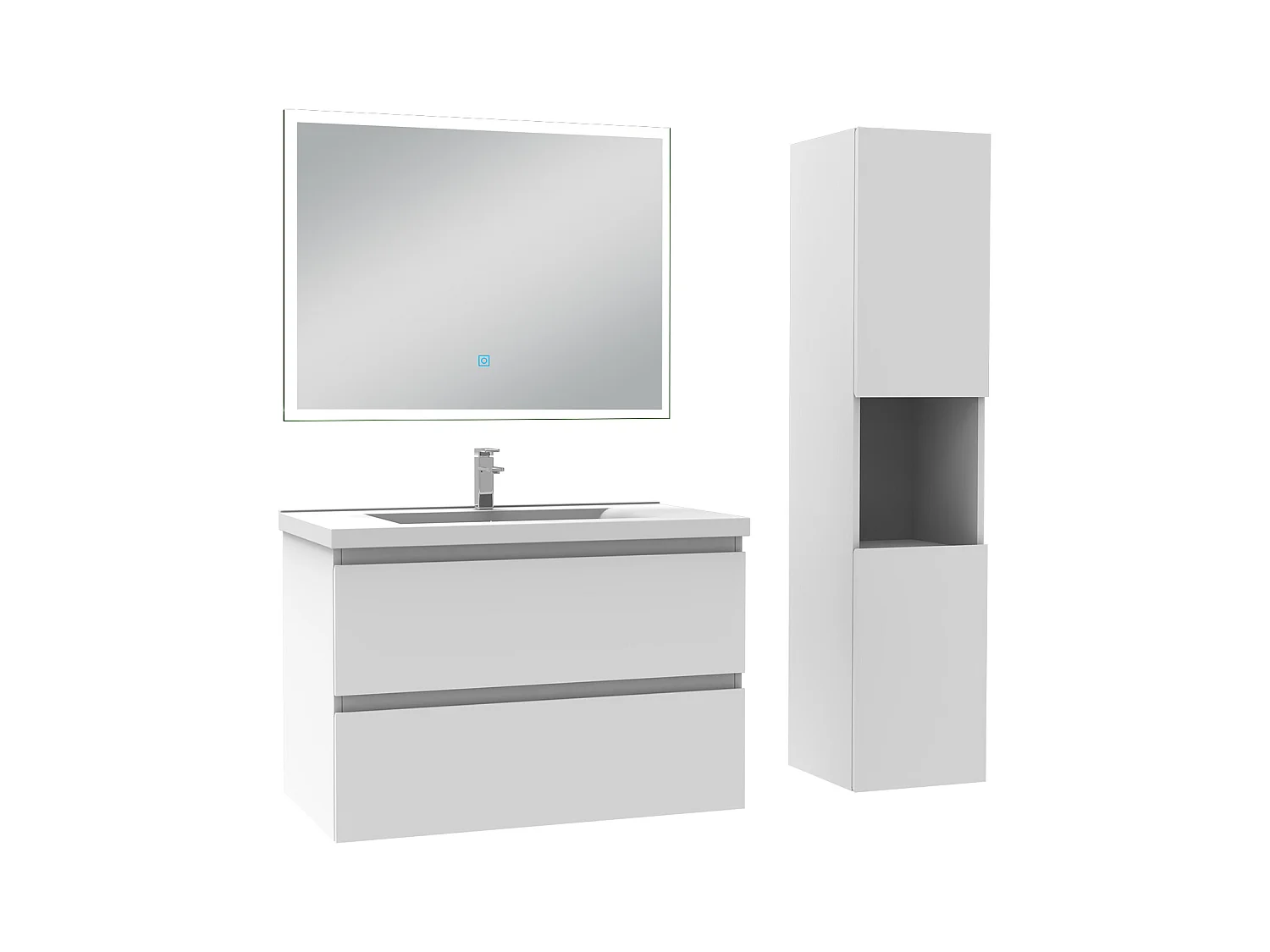 Ensemble meuble Salle de Bain 80cm avec vasque et colonne et miroir lumineux dimmable blanc
