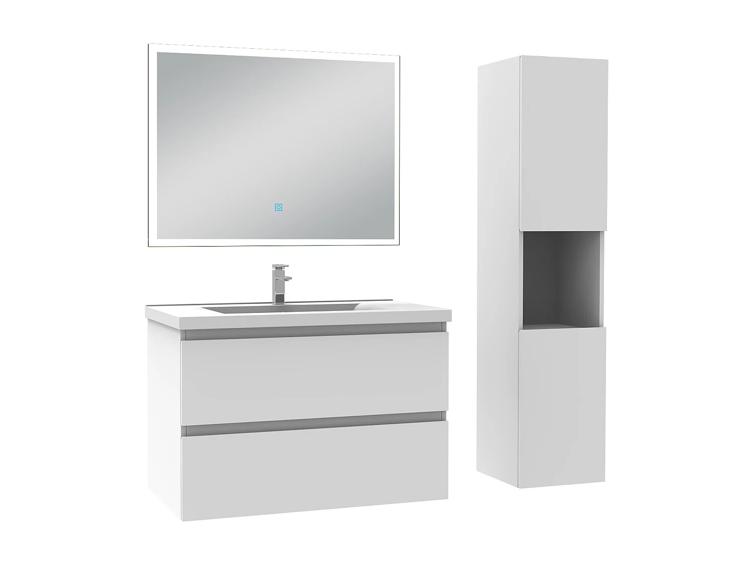 Ensemble meuble Salle de Bain 80cm avec vasque et colonne et miroir lumineux dimmable blanc