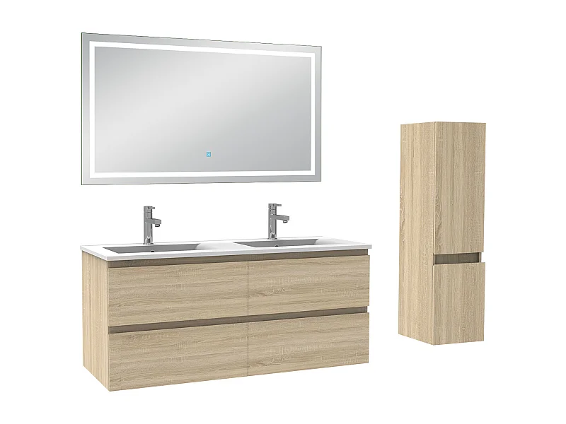 Ensemble meuble salle de Bain 120cm double vasque avec colonne et miroir 3 couleurs Chêne Wotan