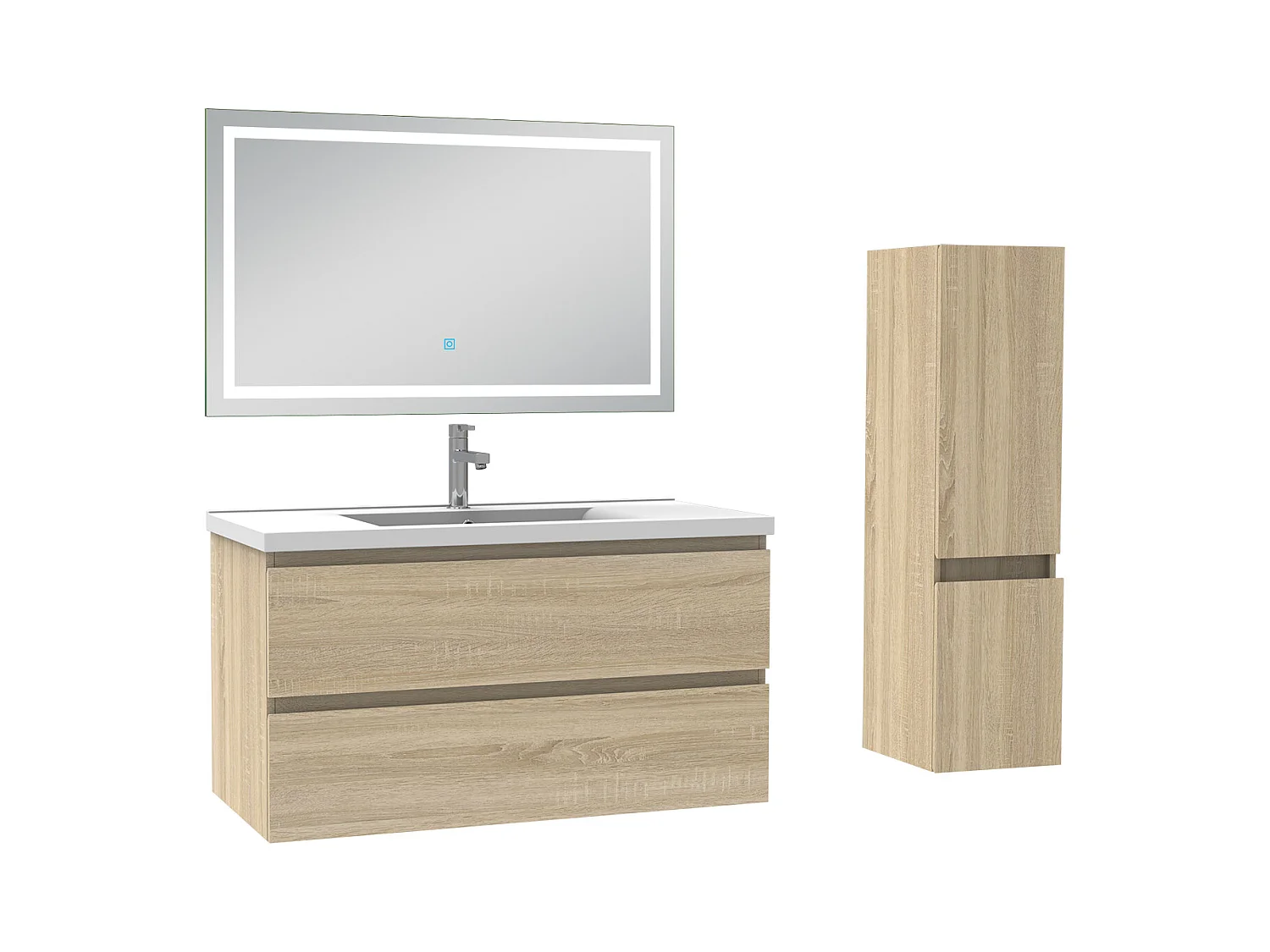 Ensemble meuble salle de Bain 100cm simple vasque avec colonne et miroir 3 couleurs Chêne Wotan
