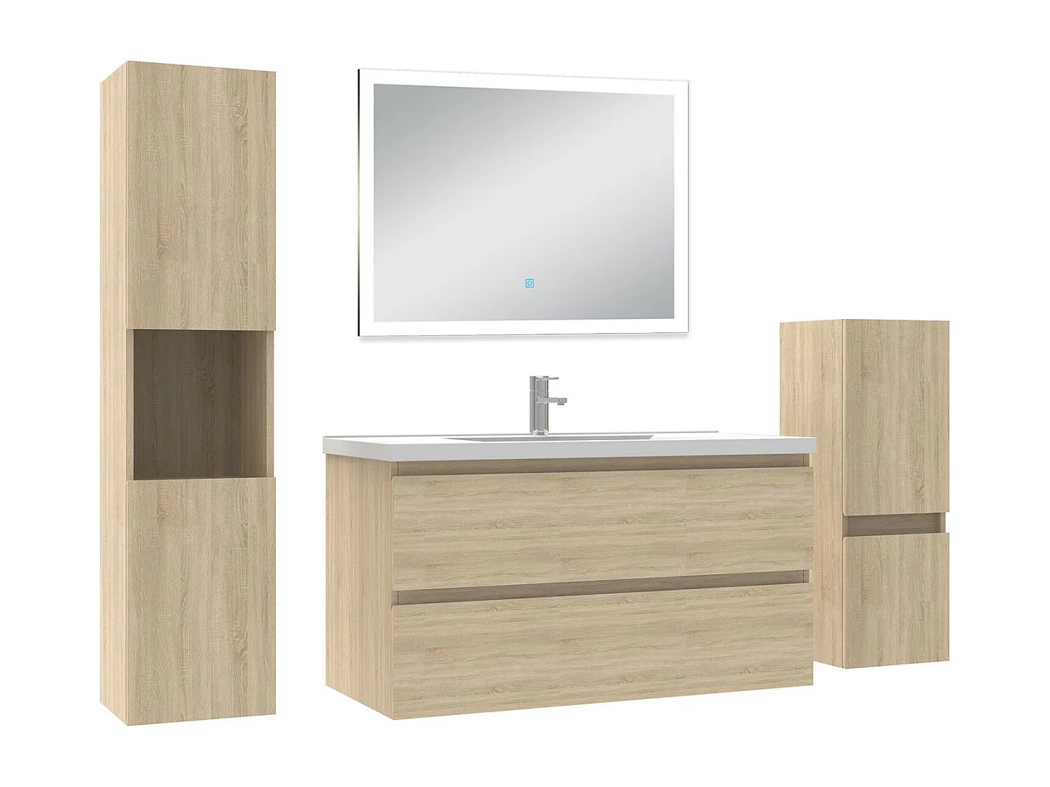 Ensemble meuble Salle de Bain 100cm avec simple vasque et colonne et miroir lumineux dimmable chêne wotan