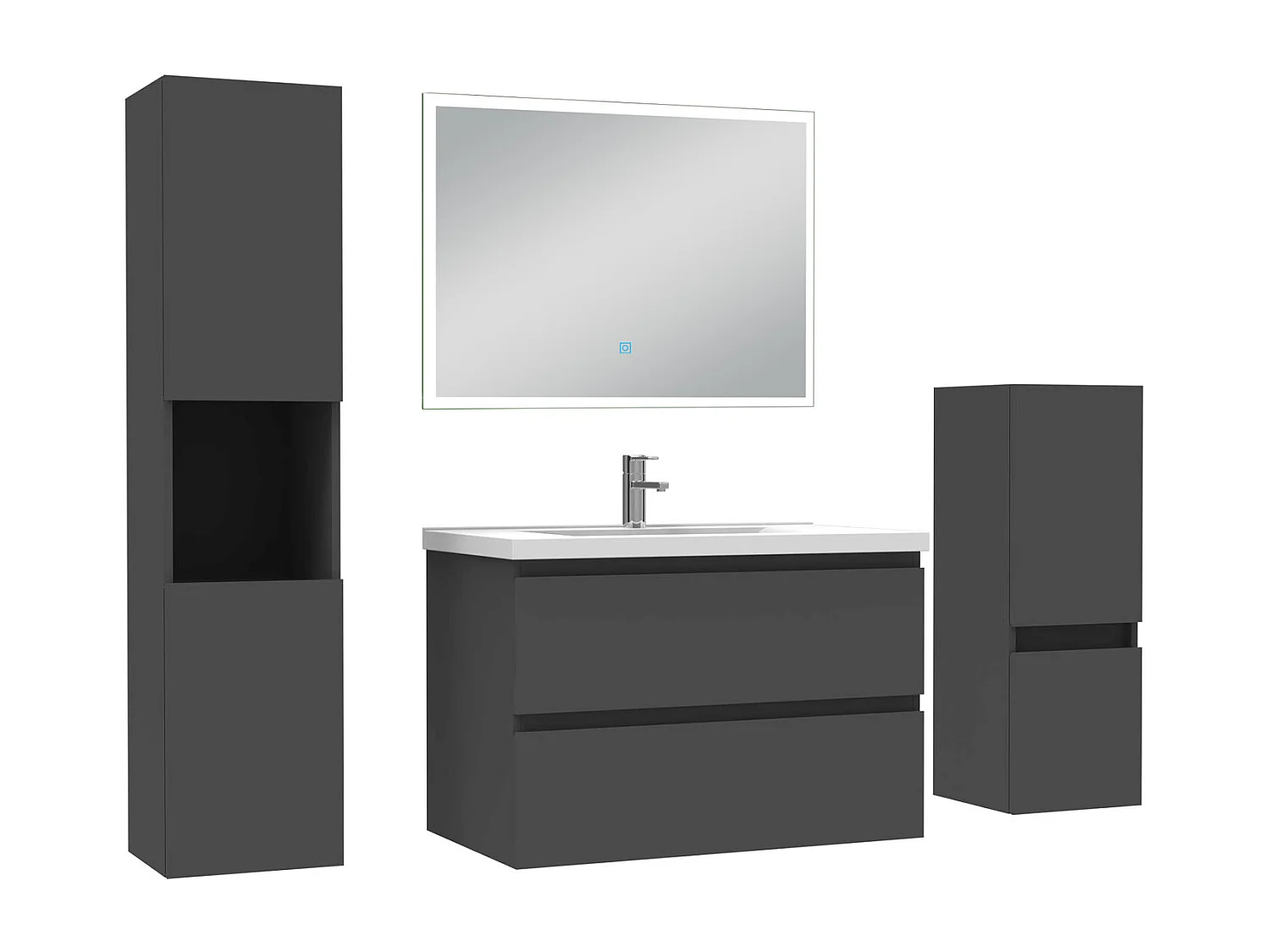 Ensemble meuble Salle de Bain 80cm avec simple vasque et colonne et miroir lumineux dimmable anthracite
