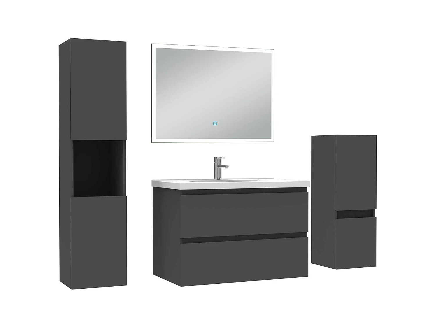 Ensemble meuble Salle de Bain 80cm avec simple vasque et colonne et miroir lumineux dimmable anthracite