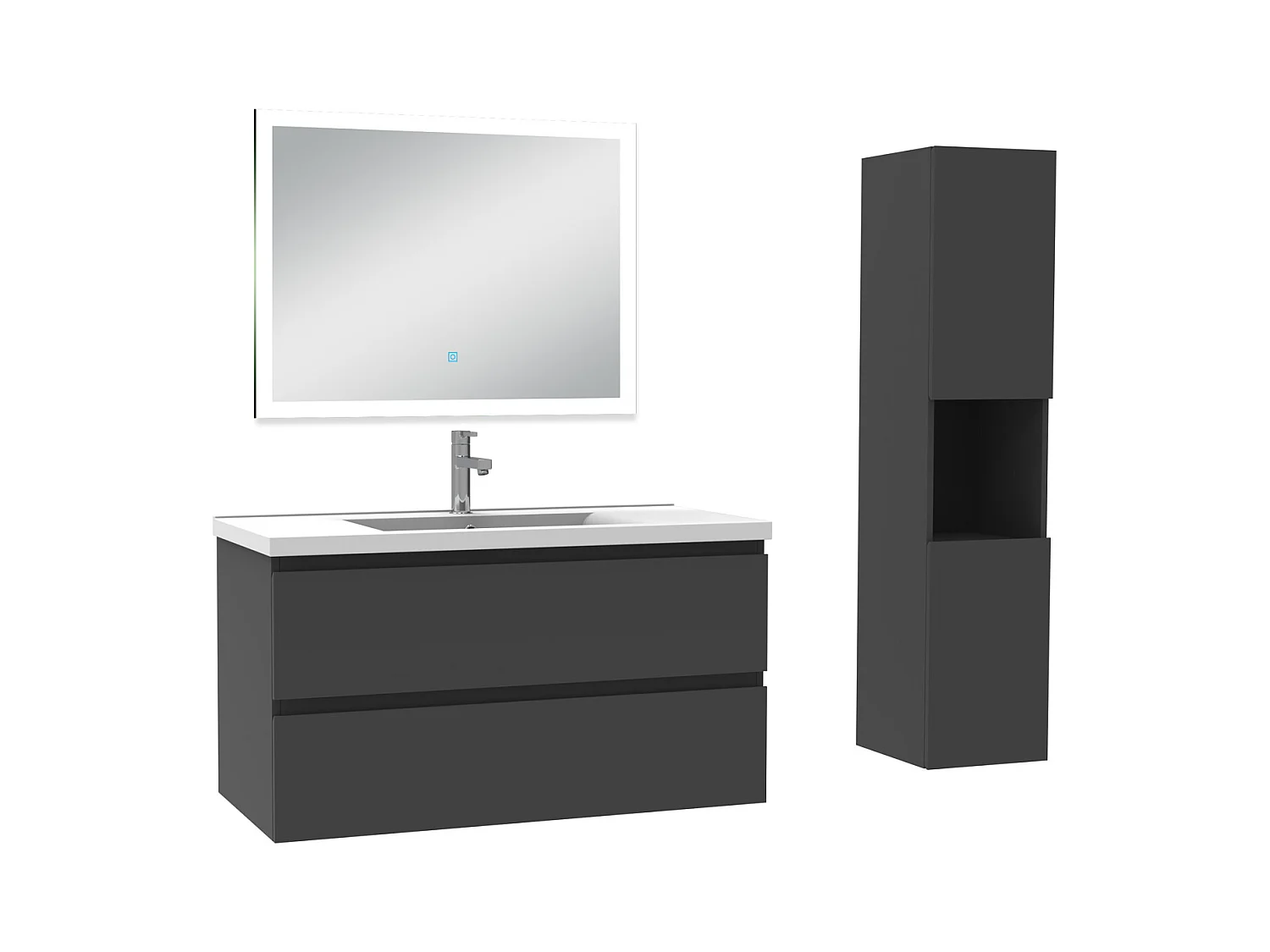 Ensemble meuble Salle de Bain 100cm avec vasque et colonne et miroir lumineux dimmable anthracite